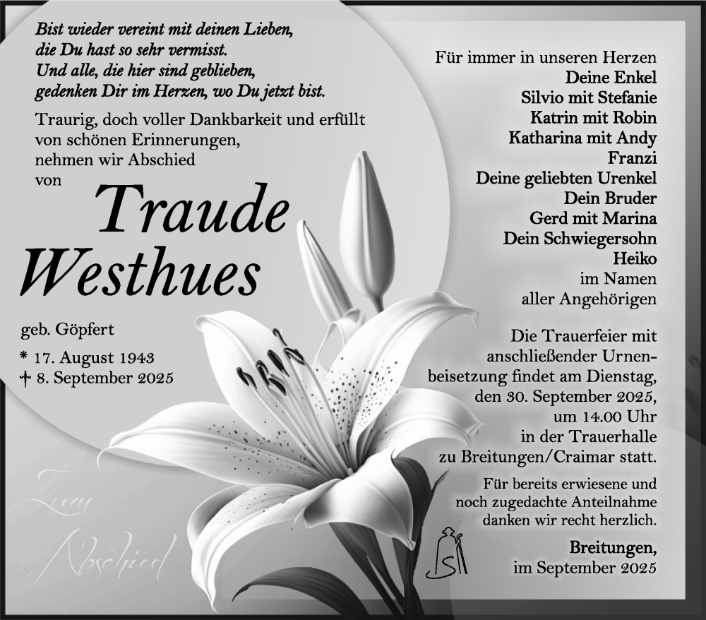  Traueranzeige für Traude Westhues vom 26.09.2025 aus Südthüringer Presse