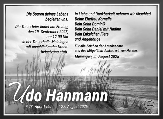 Traueranzeige von Udo Hanmann von Südthüringer Presse