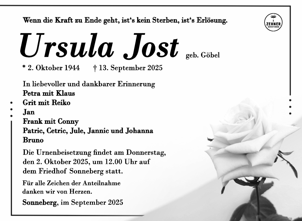  Traueranzeige für Ursula Jost vom 27.09.2025 aus Südthüringer Presse