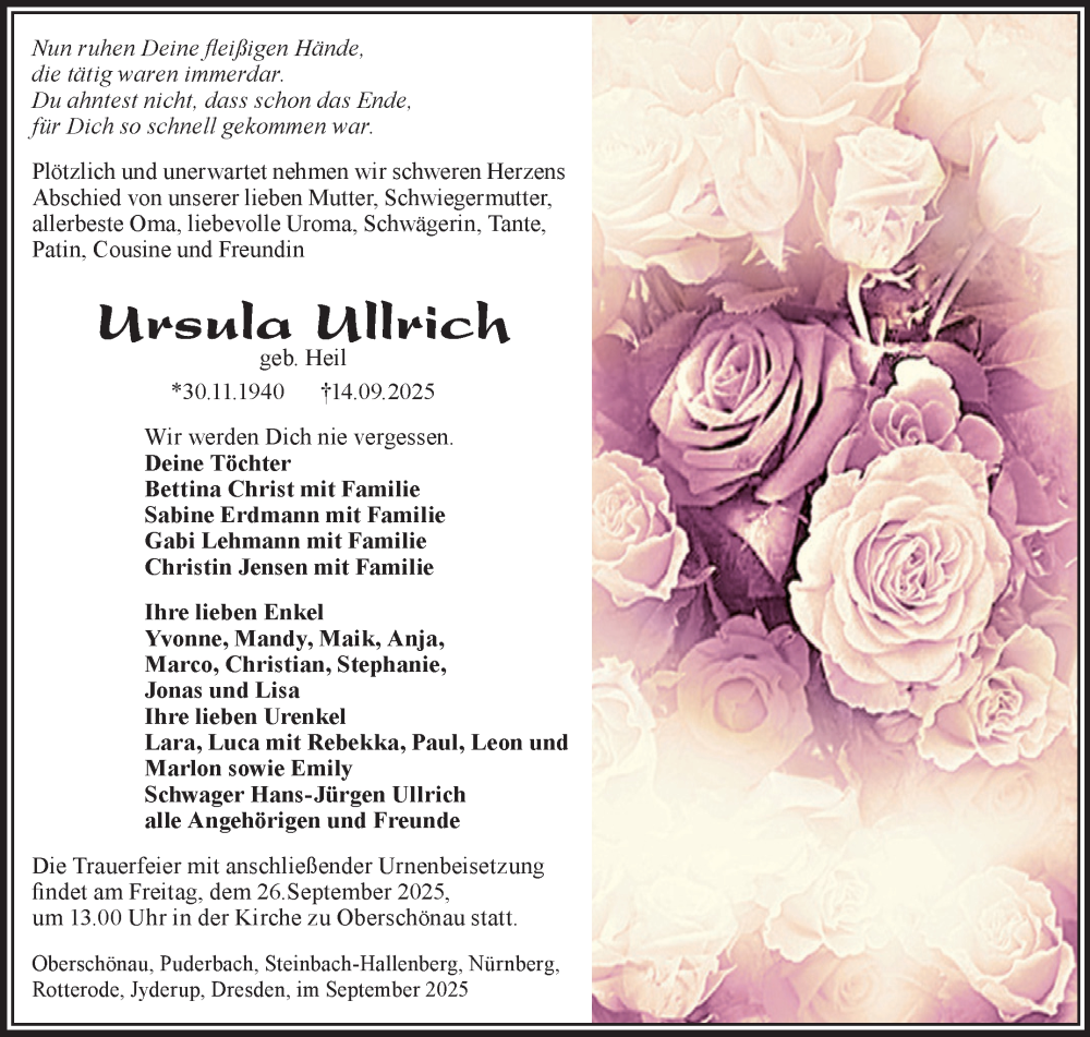  Traueranzeige für Ursula Ullrich vom 19.09.2025 aus Südthüringer Presse