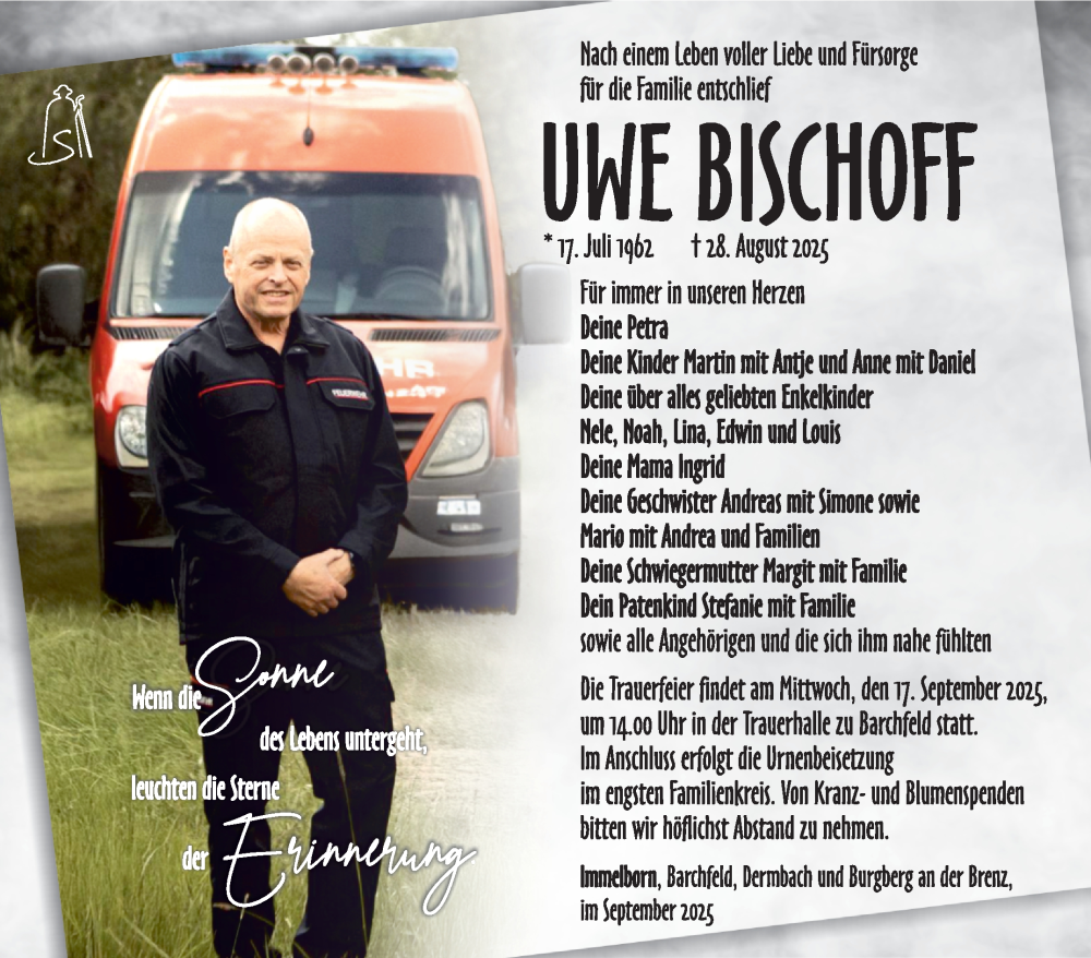  Traueranzeige für Uwe Bischoff vom 13.09.2025 aus Südthüringer Presse