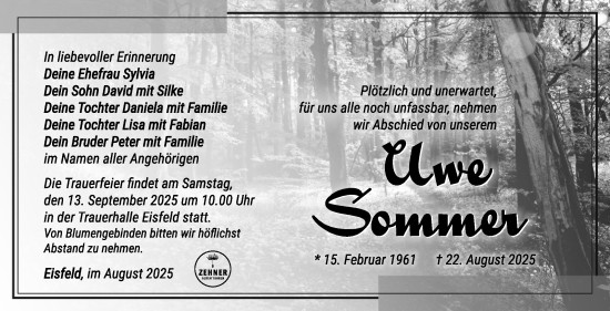 Traueranzeige von Uwe Sommer von Südthüringer Presse