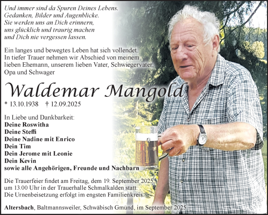 Traueranzeige von Waldemar Mangold von Südthüringer Presse