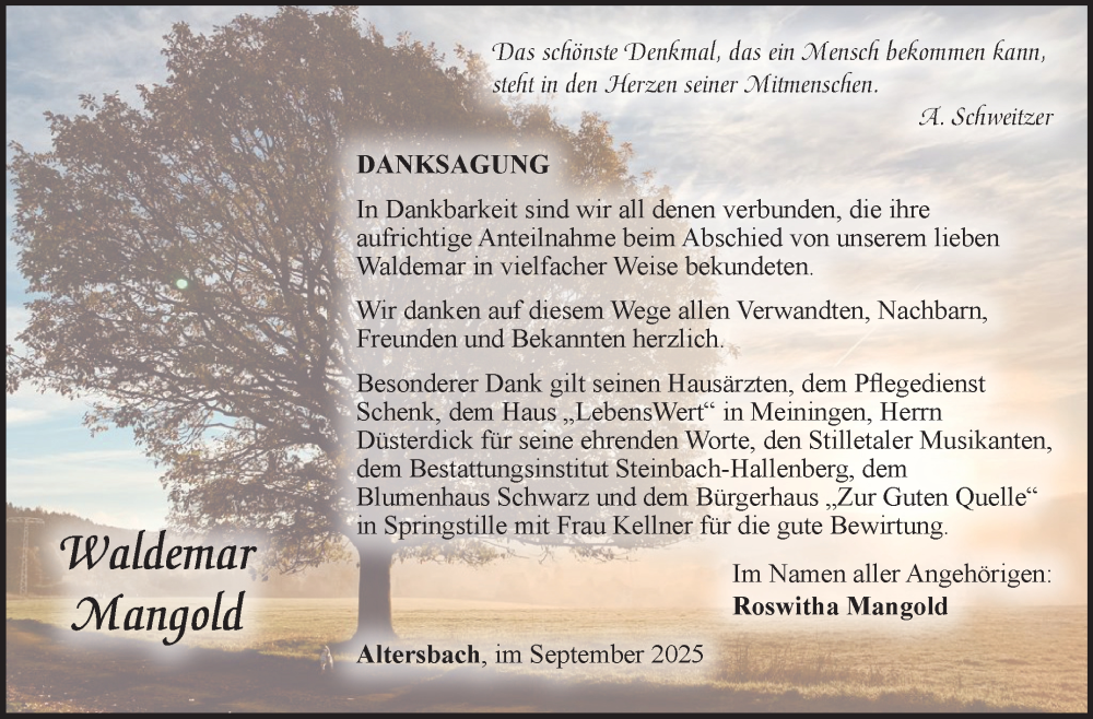  Traueranzeige für Waldemar Mangold vom 27.09.2025 aus Südthüringer Presse