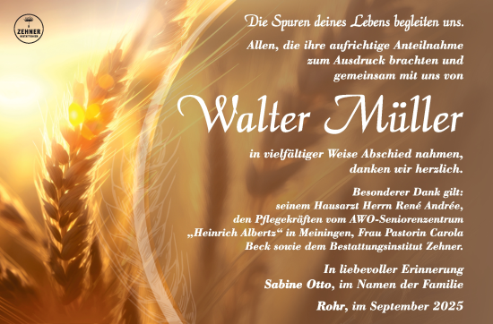 Traueranzeige von Walter Müller von Südthüringer Presse