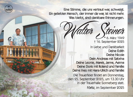 Traueranzeige von Walter Steiner von Südthüringer Presse