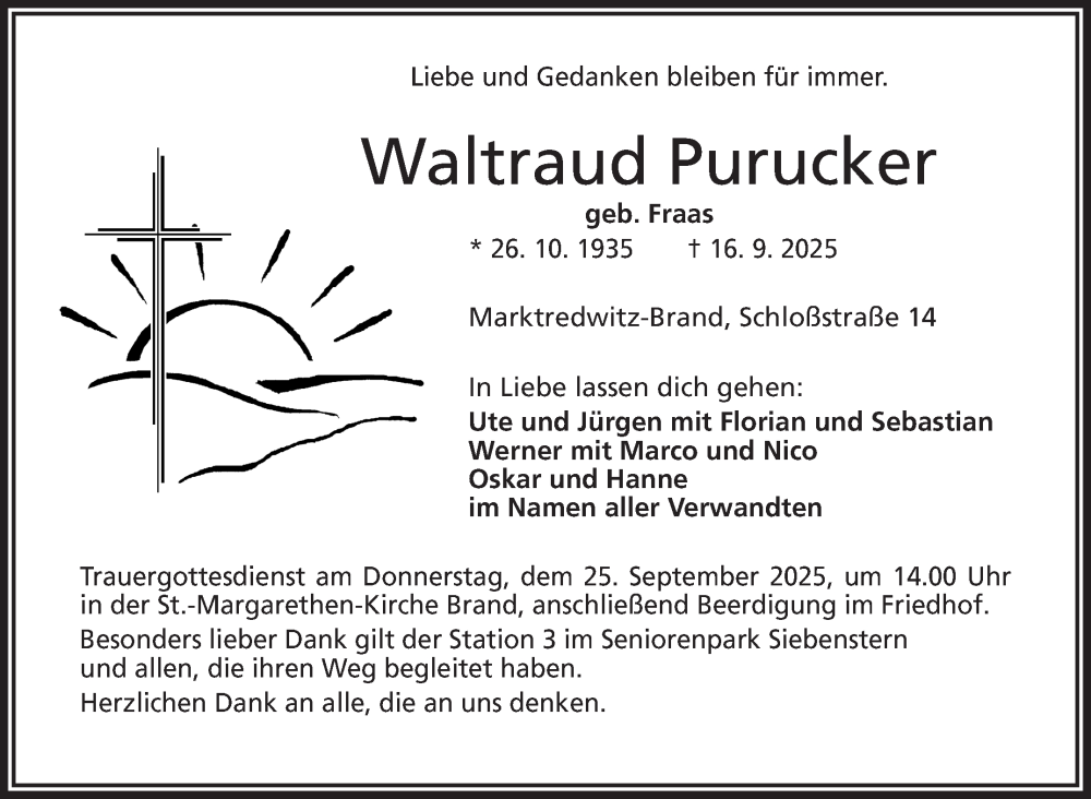  Traueranzeige für Waltraud Purucker vom 20.09.2025 aus Frankenpost