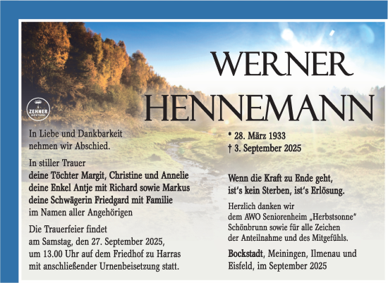 Traueranzeige von Werner Hennemann von Südthüringer Presse