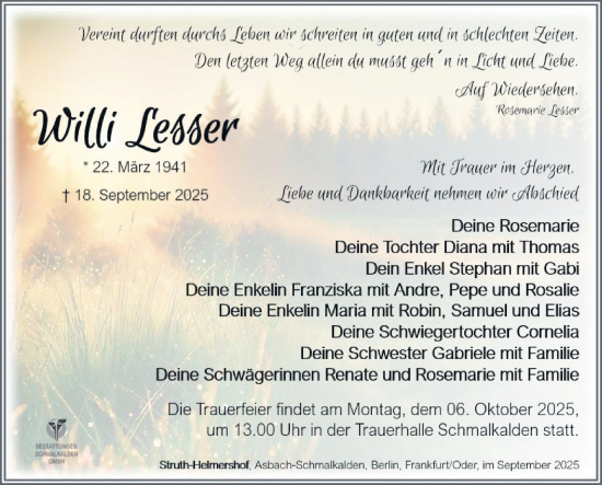 Traueranzeige von Willi Lesser von Südthüringer Presse
