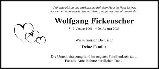 Traueranzeige von Wolfgang Fickenscher von Frankenpost