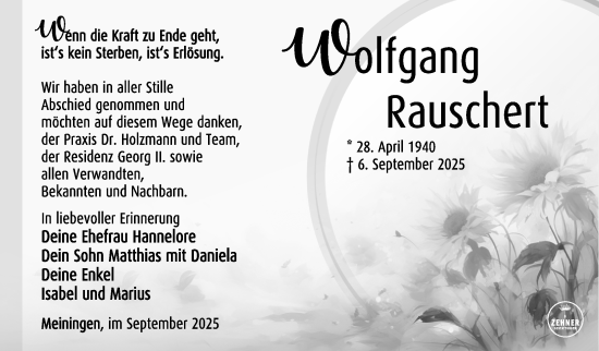 Traueranzeige von Wolfgang Rauschert von Südthüringer Presse