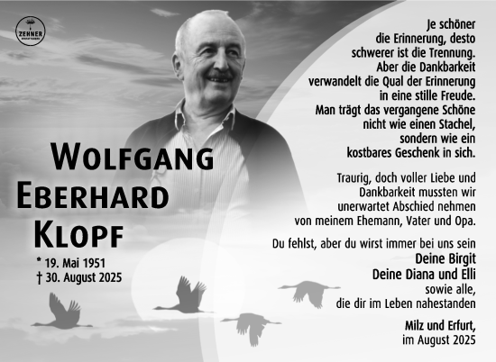 Traueranzeige von Wolfgang Eberhard Klopf von Südthüringer Presse