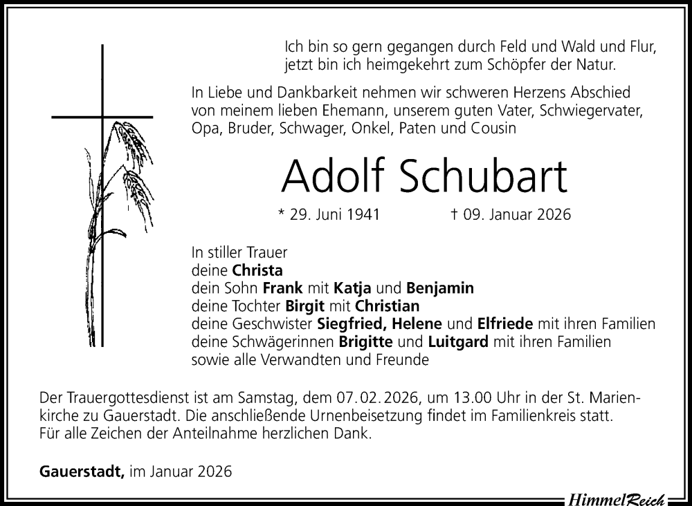  Traueranzeige für Adolf Schubart vom 24.01.2026 aus Neue Presse Coburg