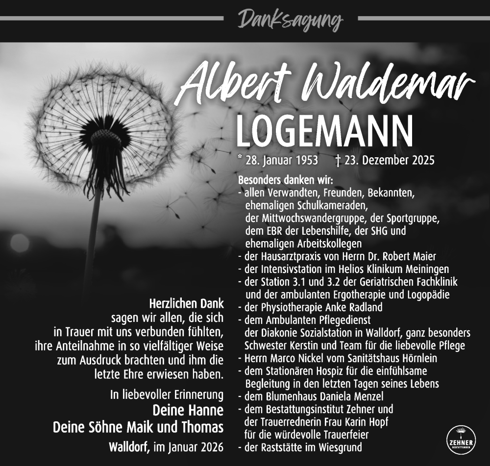  Traueranzeige für Albert Waldemar Logemann vom 24.01.2026 aus Südthüringer Presse