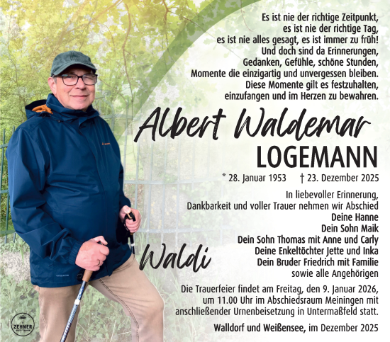 Traueranzeige von Albert Waldemar Logemann von Südthüringer Presse