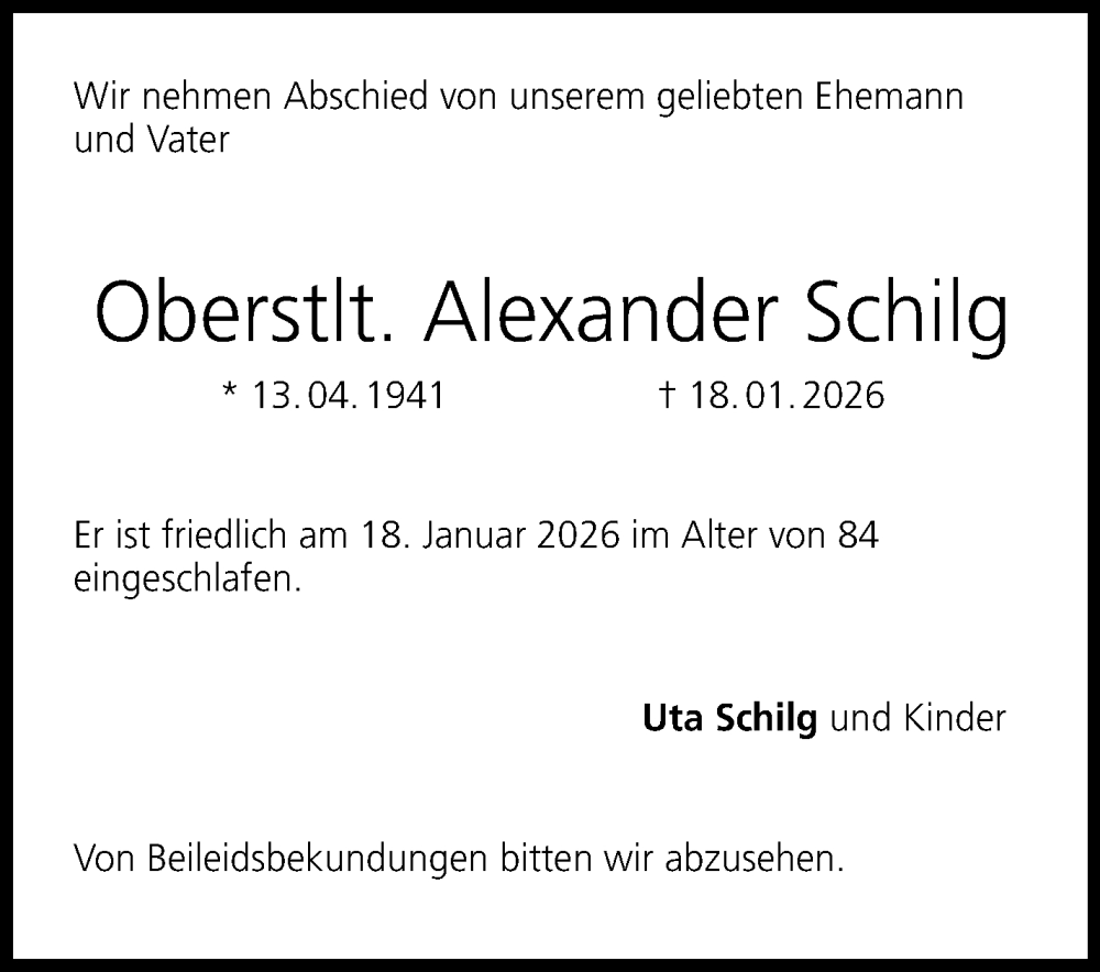  Traueranzeige für Alexander Schilg vom 24.01.2026 aus Neue Presse Coburg