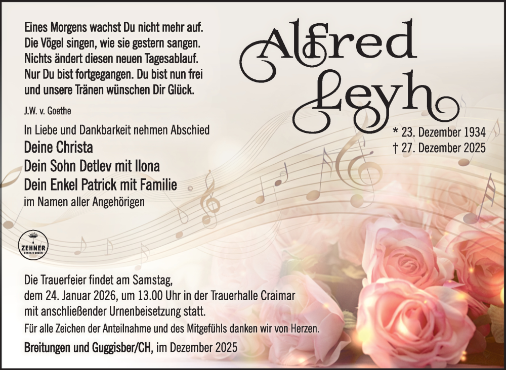  Traueranzeige für Alfred Leyh vom 17.01.2026 aus Südthüringer Presse
