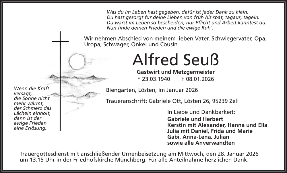  Traueranzeige für Alfred Seuß vom 24.01.2026 aus Frankenpost