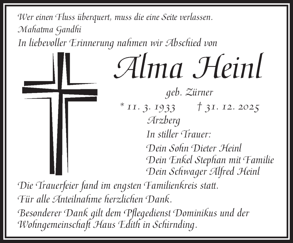  Traueranzeige für Alma Heinl vom 24.01.2026 aus Frankenpost
