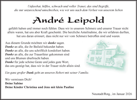 Traueranzeige von Andre Leipold von Südthüringer Presse