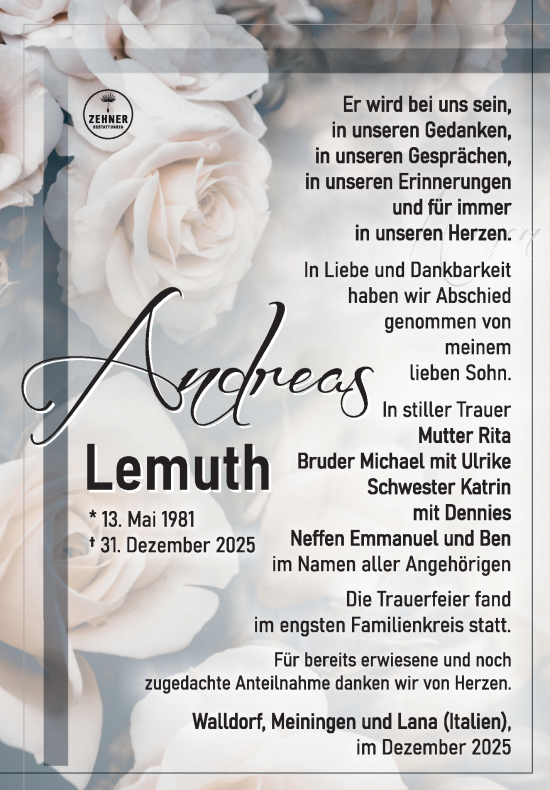Traueranzeige von Andreas Lemuth von Südthüringer Presse