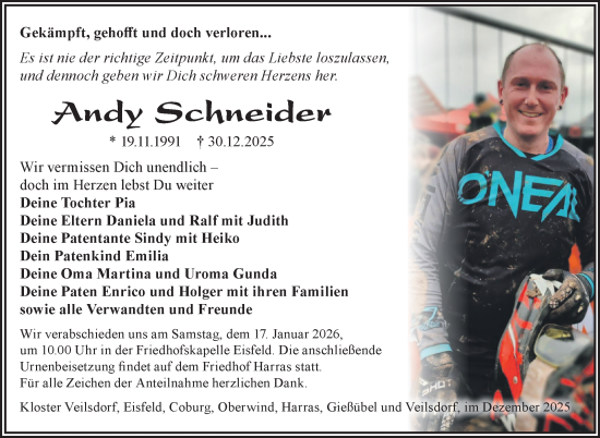 Traueranzeige von Andy Schneider von Südthüringer Presse