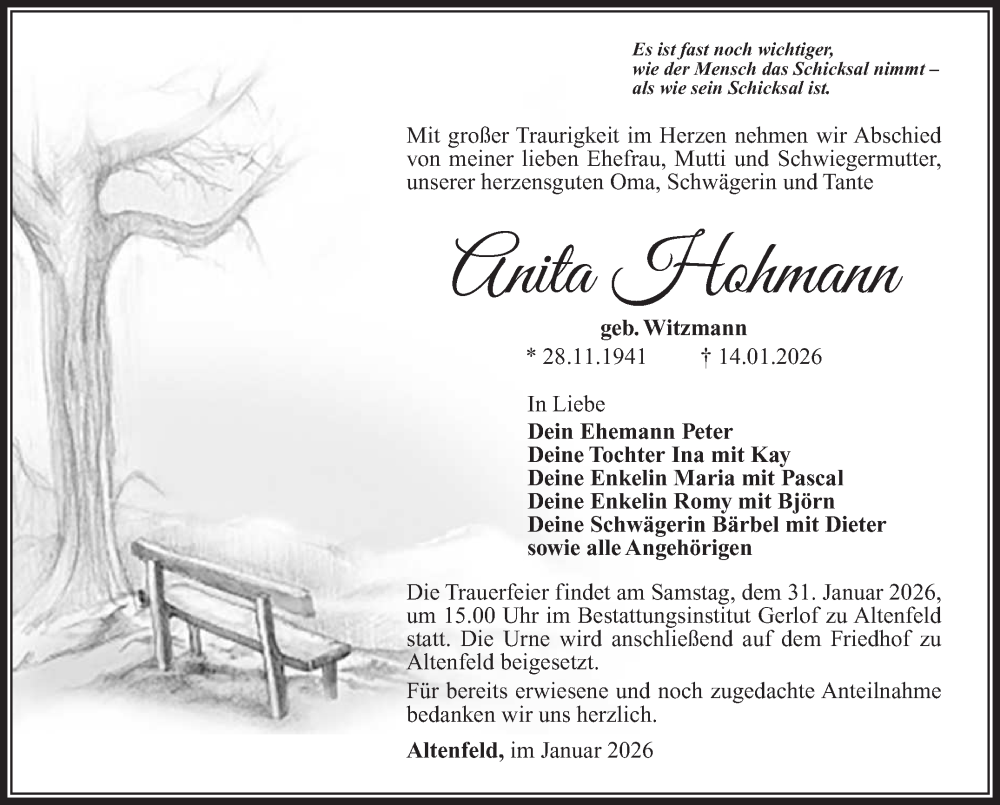  Traueranzeige für Anita Hohmann vom 24.01.2026 aus Südthüringer Presse