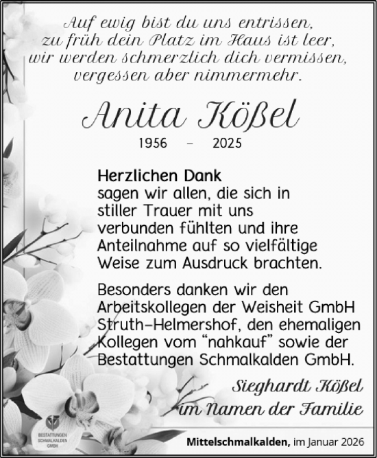 Traueranzeige von Anita Kößel von Südthüringer Presse