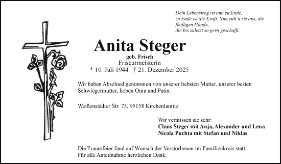 Traueranzeige von Anita Steger von Frankenpost
