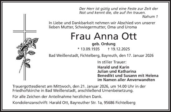 Traueranzeige von Anna Ott von Frankenpost