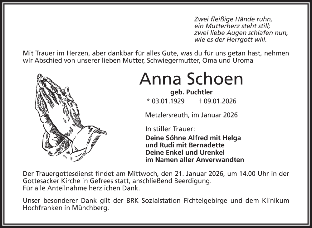  Traueranzeige für Anna Schoen vom 17.01.2026 aus Frankenpost