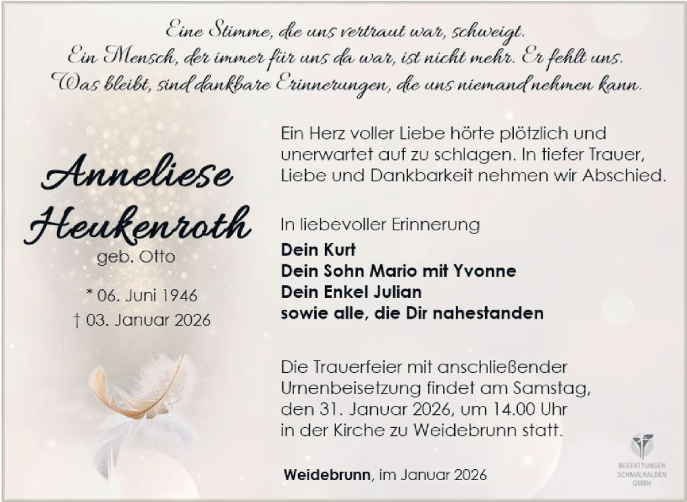  Traueranzeige für Anneliese Heukenroth vom 24.01.2026 aus Südthüringer Presse