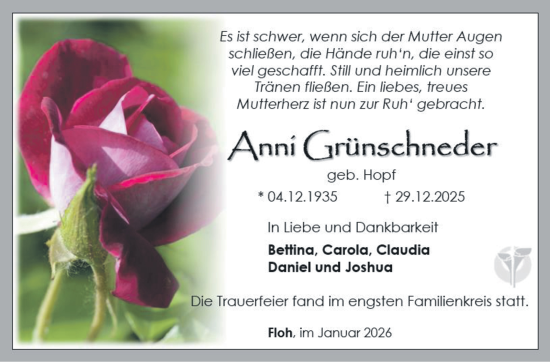 Traueranzeige von Anni Grünschneder von Südthüringer Presse