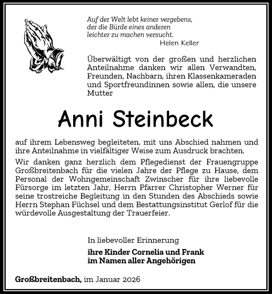 Traueranzeige von Anni Steinbeck von Südthüringer Presse