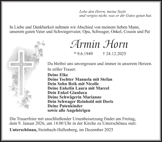 Traueranzeige von Armin Horn von Südthüringer Presse