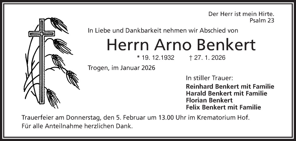  Traueranzeige für Arno Benkert vom 31.01.2026 aus Frankenpost