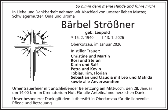 Traueranzeige von Bärbel Strößner von Frankenpost