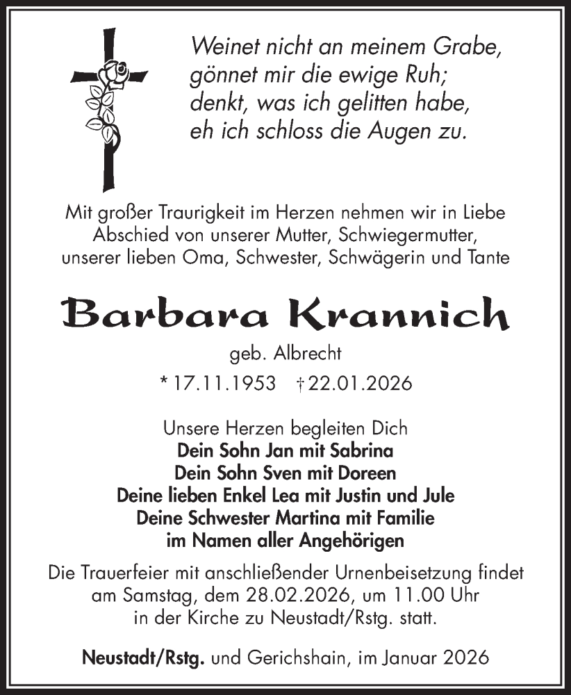  Traueranzeige für Barbara Krannich vom 31.01.2026 aus Südthüringer Presse