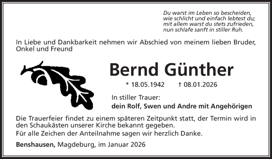 Traueranzeige von Bernd Günther von Südthüringer Presse