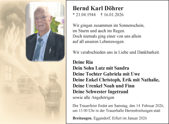 Traueranzeige von Bernd Karl Döhrer von Südthüringer Presse