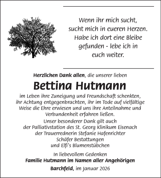 Traueranzeige von Bettina Hutmann von Südthüringer Presse