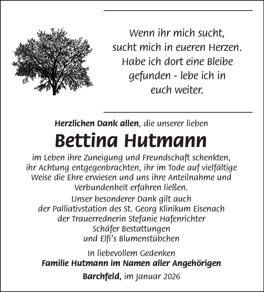 Traueranzeige für Bettina Hutmann vom 06.01.2026 aus Südthüringer Presse