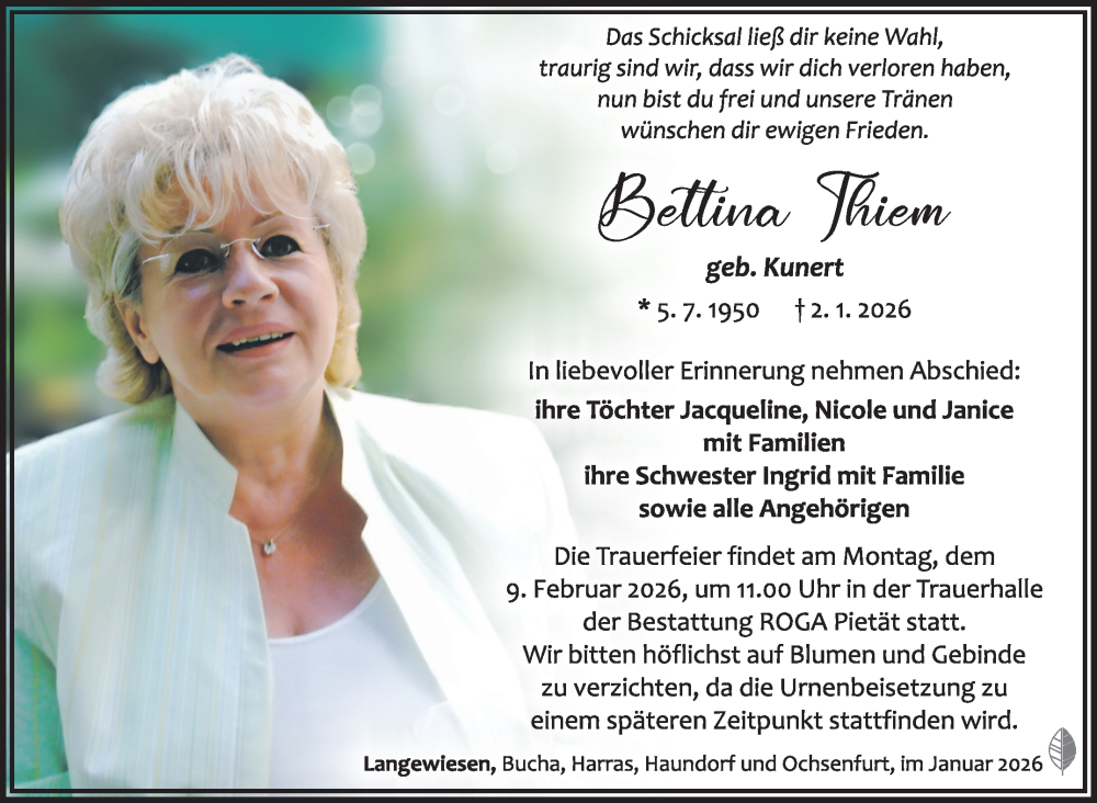  Traueranzeige für Bettina Thiem vom 24.01.2026 aus Südthüringer Presse
