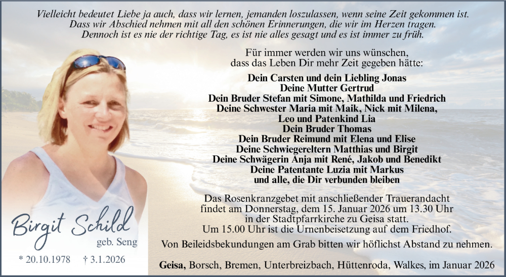  Traueranzeige für Birgit Schild vom 10.01.2026 aus Südthüringer Presse