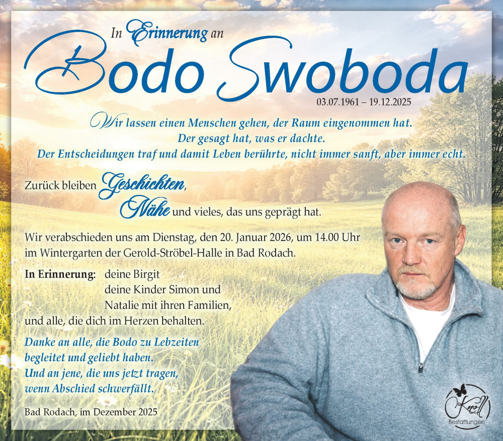  Traueranzeige für Bodo Swoboda vom 17.01.2026 aus Neue Presse Coburg