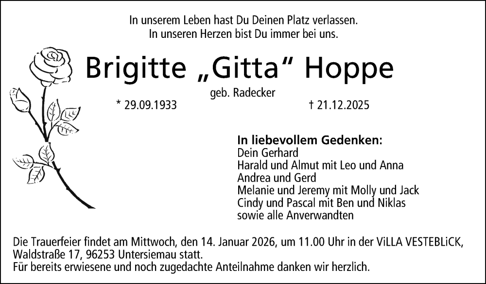  Traueranzeige für Brigitte Hoppe vom 10.01.2026 aus Neue Presse Coburg