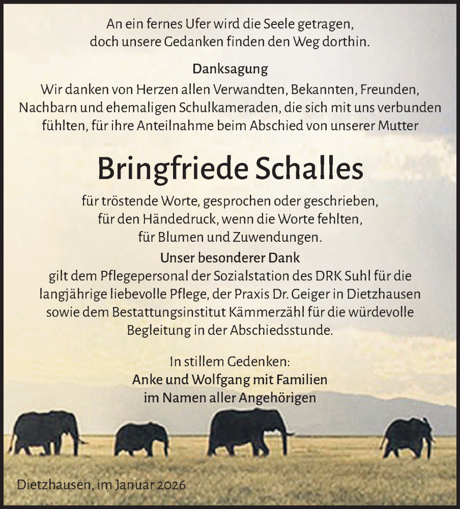  Traueranzeige für Bringfriede Schalles vom 17.01.2026 aus Südthüringer Presse