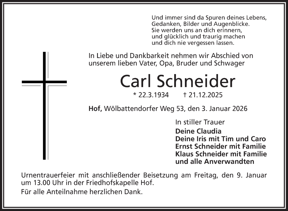  Traueranzeige für Carl Schneider vom 03.01.2026 aus Frankenpost