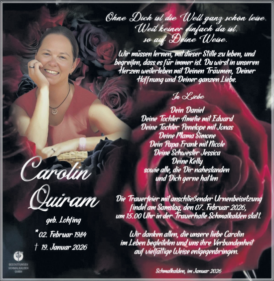 Traueranzeige von Carolin Quiram von Südthüringer Presse
