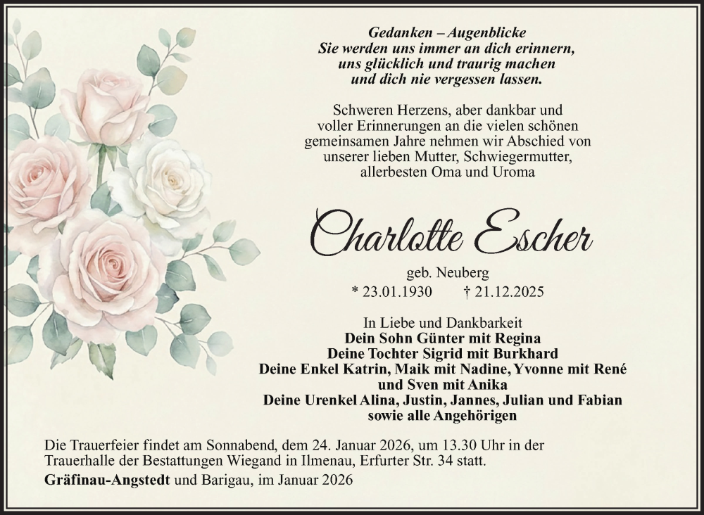  Traueranzeige für Charlotte Escher vom 10.01.2026 aus Südthüringer Presse